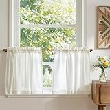 TOPICK Scheibengardinen modern Wohnzimmer Küche Weiß Bistrogardine 2er set Scheibengardinen Küche Leinenoptik Küchengardinen kurz H60xB65 cm Küchenvorhänge Landhausstil Gardine Küchenfenster