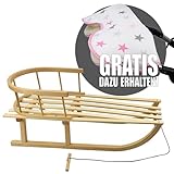 BAMBINIWELT Holzschlitten Rodel Kinder Schlitten 90cm mit Zugseil und Rückenlehne + GRATIS Muff/Handwämer