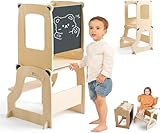 let's make Anti-Kipp Lernturm ab 1 Jahr Klappbar 4 in 1 Abnehmbarer Montessori Lernturm Tritthocker mit Tafel Für Kinder, für Küche Tisch Bad