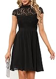 HOMEYEE Damen Elegant Kurzarm Blumen Spitze Abendkleid für Hochzeit Rockabilly Chiffon Cocktailkleid A372 (L, Schwarz)