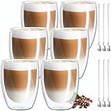 MULEVIP Latte Macchiato Gläser Doppelwandig (6 x 350ml) Doppelwandige Gläser,Doppelwandige Kaffeegläser,Thermogläser Doppelwandig für Cappuccino,Latte,EIS,Iced Americano,Milch,Saft - mit Löffel