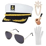 Xinstroe 5 Stück Yacht Kapitän Hut Kapitänsmütze Kostüm Set,Verstellbare Yacht Schiff Boot Marine Mütze Mit Sonnenbrille,Kapitän Prop,Handschuhe,Abzeichen für Partys Cosplay