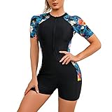 Damen Surfanzug Badeanzug mit Bein Reißverschluss Einteiler Kurzarm Rashguard UPF 50+ Bademode Surfen Schwimmanzug Blumen Bedruckt Bauchweg Sportlich Sonnenschutz Badebekleidung Schwarz + Blau XL