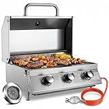 TLSUNNY 3 Brenner Gasgrill Klein, Edelstahl Tischgasgrill Kompakt mit Grillrost, Thermometer, Camping Gasgrill Tragbarer für BBQ, Balkon, Garten, 6.6kW, 60 x33 cm Grillfläche, 4PCS Füße, Edelstahl