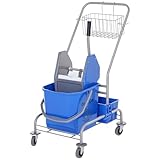 HOMCOM Putzwagen Reinigungswagen Fahreimer Putzeimer 25 Liter Wischwagen mit Wringer, Haken für Mopp Haushaltswagen mit 4 Rollen Blau
