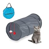Relaxdays Katzentunnel faltbar, BxD: ca. 50x25 cm, Katzenröhre mit Spielzeug & Tasche, interaktiver Spieltunnel, grau