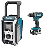 Makita DMR115 Akku-Baustellenradio (ohne Akku, ohne Ladegerät), Türkis, Schwarz, Silber & DDF482RFJ Akku-Bohrschrauber 18V / 3,0 Ah, 2 Akkus + Ladegerät im MAKPAC Schwarz, Blau