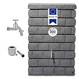 GARANTIA Rocky Junior Regentonne Set 300 Liter Dark Granite – Wandtank mit Chrom-Auslaufhahn + Fallrohranschluss – Frostsichere Regenwassertank – Wassertonne für Garten – Wasserfass Steinoptik