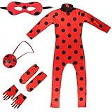 PIUMOJ Marienkäfer Kostüm Mädchen, Rot Jumpsuit Kinder mit Gesichtsmaske, Handschuhe, Fußabdeckung, Taschen, Marienkäfer Kostüm Set Cosplay für Karneval Halloween Party, XS