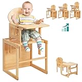 FUNLIO Hochstuhl aus Holz, 2-in-1 umwandelbarer Hochstuhl Baby von 0,5 bis 6 Jahren, höhenverstellbar, hochwertiges Massivholz mit abnehmbarem Tablett/Kissen/Sicherheitsgurt,CPC-geprüft