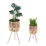 Navaris 2x Blumentopf mit Ständer im Rattan Look - Boho Blumentopf geflochten - Pflanzen Hocker im Korb Design - Blumentopfständer mit Beinen aus Holz