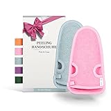 LoWell® 2 Stück Peelinghandschuh Körper, Hamam Handschuh Peeling für Körper und Gesicht, Handschuh Peeling, Exfoliating Gloves, Body Scrub, Bonus Peeling Guide und 2 Saugnäpfe, Grau/Pink