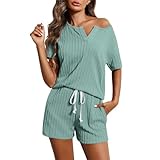 Zweiteiler Damen Hausanzug Sommer Outfits Freizeitanzug Bluse Rundhals und Shorts Bequeme Lounge Set mit Kordelzug Tracksuit Lose Kurze Hose Loungewear Leicht Elegante Jogginganzug sale angebote