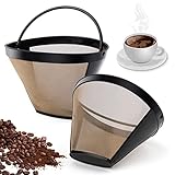 2 PCS Goldtonfilter Kaffee Dauerfilter 6-8 Tasse Edelstahl Kaffee Filter Mesh Korb Waschbar Kaffeefilter Für 8-12 Tassen Kaffee, Filtergröße 4, mit Edelstahlgewebe, Griff