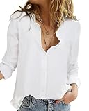 Friptspyg Bluse Damen 100% Baumwolle Langarm Lässig Hemd V-Schnitt Roll Up Ärmel Button Down Bluse Tops，Weiß XL