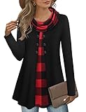 Gaharu Tunika Damen Pullover Herbst Elegant Baumwolle Lang Hoodie Weihnachts Pulli Damen Kleidung Winter Modern Arbeitspullover Damen Longsirt Langarm für Leggings,Damen Sweatshirt mit Schalkragen