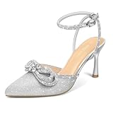PIZZ ANNU Damen High Heels Strasssteine Knöchelriemen Hohe Schuhe Elegant Pumps mit Stiletto Absatz Bequem Brautschuhe für Hochzeit Festliche Silberne Schleife EU 37