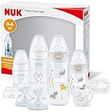 NUK Perfect Start First Choice+ Babyflaschen-Set | 0–6 Monate | 4 x Flaschen mit Temperaturkontrolle, Schnuller, Flaschenbürste & mehr | BPA-frei | 10-teilig | Safari