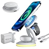 3 in 1 Mag-safe Fodable Kabellose Ladestation für Apple-Geräte, 20 W schnelles magnetisches Reiseladegerät Ständer mit Nachtlichtern für iPhone 15 14 13 12 Pro/Max/Plus/Mini, Apple Watch & AirPods,