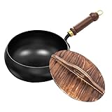 Unbeschichtete Eisenpfanne Handgeschmiedeter Topf Mit Wärmespeicherfunktion, für Küche, Vielfältige Kulinarische Stile, Rezepte, Schmiedeeisen-bratpfanne, Eisenpfanne Pfanne, Schwarz (24CM+Holzdeckel)