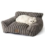 COZY KISS Großes Katzenbett im Cord-Design 65x44x30cm für Katzen und Kleine Hunde, Kuscheliges Katzensofa und Hundebett, Weiches Kunstfell, Kopf- und Nackenstütze, rutschfest und Waschbar, Grau
