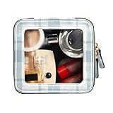 FRODOTGV Transparente kleine Make-up-Tasche, Kulturbeutel, Kosmetiktasche mit Reißverschluss, blaues Vichy-Muster, Aquarellstreifen, Blaues Gingham-Muster, Aquarellstreifen, 1 Size