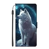 EuoDuo Kompatibel mit Samsung Galaxy A10 Hülle zum Klappen PU Leder Handyhülle Handytasche mit Motiv Klapphülle Flip Cover Etui Schutzhülle - Blau Weiß Wolf