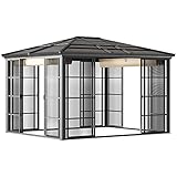 Outsunny Pavillon 3,65 x 3 m, Wasserdichtes Gartenzelt mit Schiebedach, Partyzelt mit Schiebetüren, Gartenpavillon inkl. Moskitonetz, UV-Schutz, für Balkon, Terrasse, Alu, Schwarz