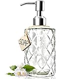 JASAI Seifenspender aus Glas mit Diamant-Design, 340 ml, Küchenseifenspender mit 304 rostfreier Edelstahl-Pumpe, Badezimmer-Seifenspender für Handseife, Seife, Lotion (transparent)