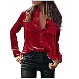 Samt Oberteil Damen Langarm, Bluse Knopfleiste,Langarmshirt Hemd Damen Regular Fit V-Ausschnitt mit Taschen Hemdbluse Einfarbig Wildleder Oberteile Retro Blusen Herbst Winter für Frauen