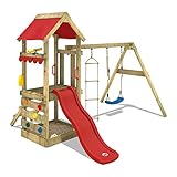 WICKEY Spielturm Klettergerüst FreshFlyer mit Schaukel & Roter Rutsche, Outdoor Kinder Kletterturm mit Sandkasten, Leiter & Spiel-Zubehör für den Garten…