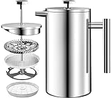 KICHLY French Press Kaffeebereiter 34 Oz - 1000 ml (4 Kaffeebecher / 8 Kaffeetassen) - Kaffeemaschine mit dreifachem Edelstahlfilter & isolierten Wänden - Silber