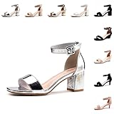 Sandaletten Damen mit Absatz Blockabsatz Absatzschuhe Riemchensandalen Sommerschuhe Schnür Heel Lack Offene Frauen Sandalen Silber Größe 39 EU