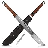 KOSxBO XXL SET Machete Survival 69 cm incl. Wurfmesser im FULL TANG Blade Style Zombie Dead Hunter Macheten Buschmesser aus Edelstahl, silber edelstahl rot holz braun