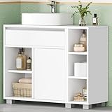 HEXCELEN Badezimmerschrank, Unterschranke Furs Bad, Waschbeckenunterschrank, 1 Schublade und 2 Schranktüren Badezimmer-Unterschrank mit Füßen, Verstellbarem Regal, Weiß 30 x 80 x 63 cm