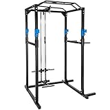 tectake Kraftstation Fitnessstation Power Rack Power Cage | Klimmzug-Doppelstange | Robuster Rahmen aus Stahlrohr (Blau Schwarz mit Latzug | Nr. 402598)