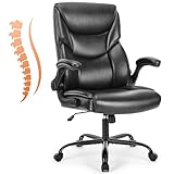 Sweetcrispy Chefsessel PU Leder Bürostuhl Ergonomisch, Schreibtischstuhl mit Hochklappbaren Armlehnen, Ergonomischer Computerstuhl mit Hoher Rückenlehne, Gaming PC Drehstuhl für Arbeit Ruhe, Schwarz