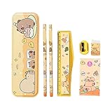 Xmccvt Capybara Schreibwaren Set, 7 Stück Capybara Sachen Federmäppchen Set Mit Bleistifte,Lineal,Buntstifte Und Anspitzer, Cartoon Schreibset Für Schüler, Klassenzimmer, Tagebuch, Lernen, Notizen