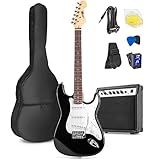 Max GigKit E Gitarre Set, E Guitar, Elektrogitarre mit Verstärker 40 Watt, Gitarrentasche, Plektrum, Gurt, Stimmgerät, Instrumentenkabel, Ersatzsaiten, 4/4, in Schwarz