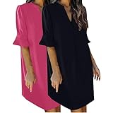 ZWDC 2er Pack Frauen V-Ausschnitt Rüschen Hemdkleid Einfarbige Casual Sommer Kurzes Kleid Midikleid Sommerkleid Damen Freizeitkleider Mode Dress Strandkleid Ohne Zubehör für Alltag