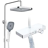 Rainsworth Duschsystem mit Thermostat und Glasablage Chrom - Duscharmatur Komplettset mit Regendusche 26 x 26 cm, Handbrause 3 Strahlarten und Unterer Auslauf - Duschset Regendusche mit Armatur