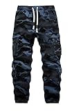 APTRO Herren Cargo Hose Camouflage Freizeithose Elastische Taille Arbeitshose Lange Baumwolle Jogginghose mit 8 Tachen LT45 Blaue Tarnfarbe L