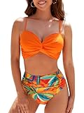 Adigaber Damen Größe Zweiteiliger Badeanzug überkreuztes Blumenmuster Bikini Bademode Bauchkontrolle Bikini Sets