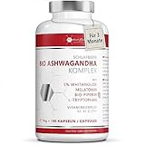 Bio Ashwagandha KSM-66 - einzigartig mit Melatonin, Tryptophan und Magnesium – 180 vegane Ashwagandha Kapseln hochdosiert mit original indischer Schlafbeere, Bio Piperin und den Vitaminen B2 und B6.