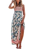 CUPSHE Damen Sommerkleid Gesmokt Ärmellos Maxikleid Rüschen Spaghettiträger Lang Freizeitkleider Maxi Dress Marineblau mit Blumenmuster XL