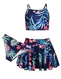 Arshiner Mädchen Bikini Set 3er Sommer Badeanzüge Kinder Dreiteilig Tankini mit Rock Blumendruck Bademode Bikinis für Mädchen 9-10 Jahre