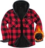 Fleecejacke Herren Hemdjacke Kariertes Winterjacke mit Kapuze Flanellhemd Gefüttert Freizeitjacke Button Down karohemd Warme Holzfällerjacke Hoodie für Herren Red-Q5-L