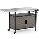 Onlyfire Grilltisch, Grillwagen mit Großer Arbeitsfläche, Servierwagen mit Rollen, Grill Beistelltisch mit Abklappbare Seitenablagen, Edelstahl Tischplatte, BBQ Beistellwagen, 143.5 × 56 × 91 cm