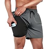 BRISIRA Herren-Badehose, schnelltrocknend, 12,7 cm Schrittlänge, Strandshorts mit Kompressionsfutter und Reißverschlusstasche, GRAU, 7