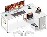 ODK Schreibtisch Weiß, Schreibtisch L Form mit 4 Schubladen, Eckschreibtisch mit Steckdosen und USB-Ladeanschluss, Reversibler Computertisch für das Heimbüro, Gaming-Schreibtisch, 135×100cm